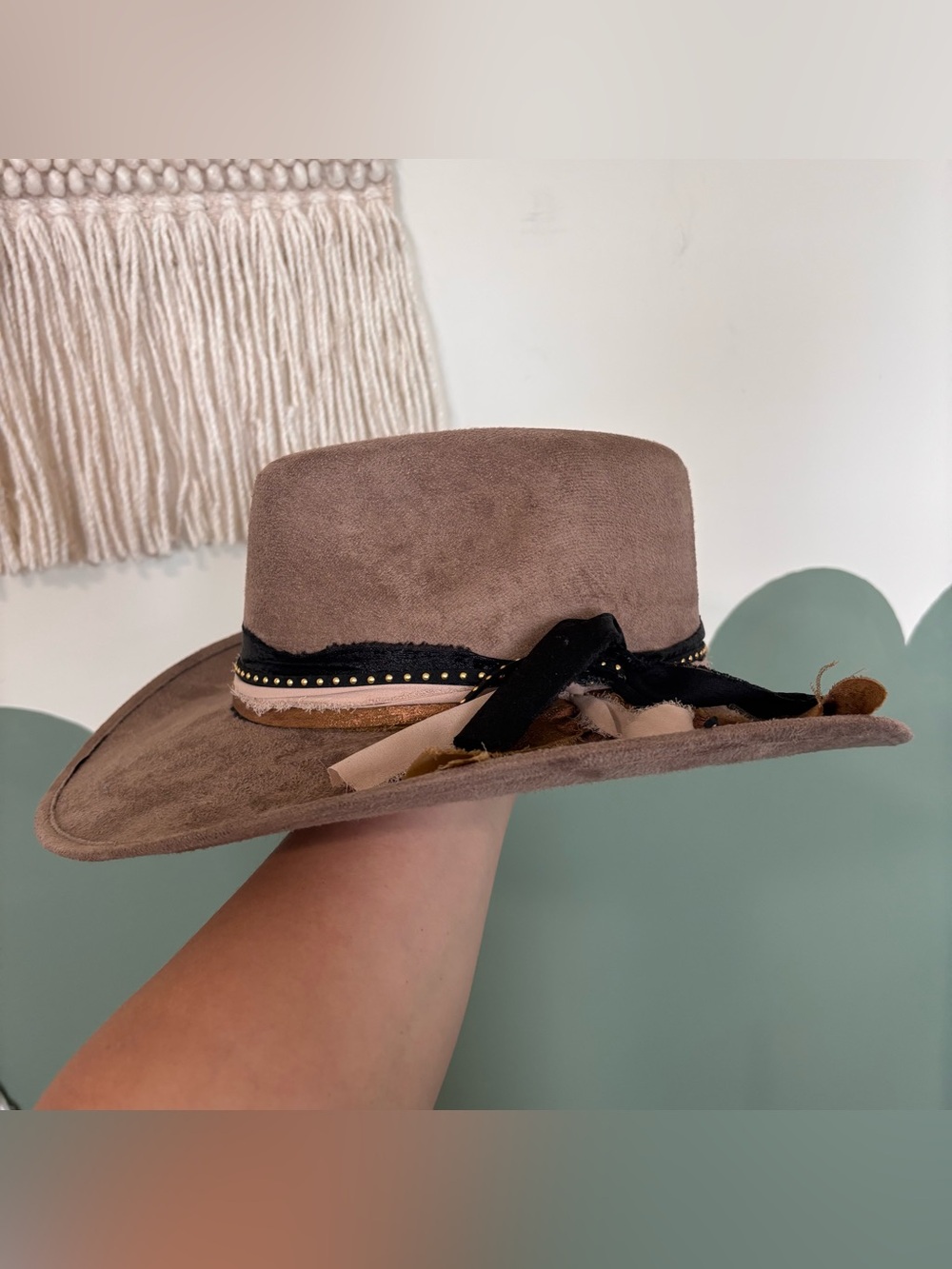 Custom Made Suede Wide-Brim Western Hat in Taupe